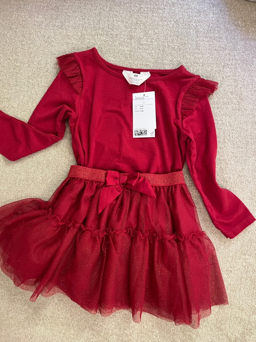 NWT Girl's 3T H&M Red Glitter Tulle Party Dress with Bow